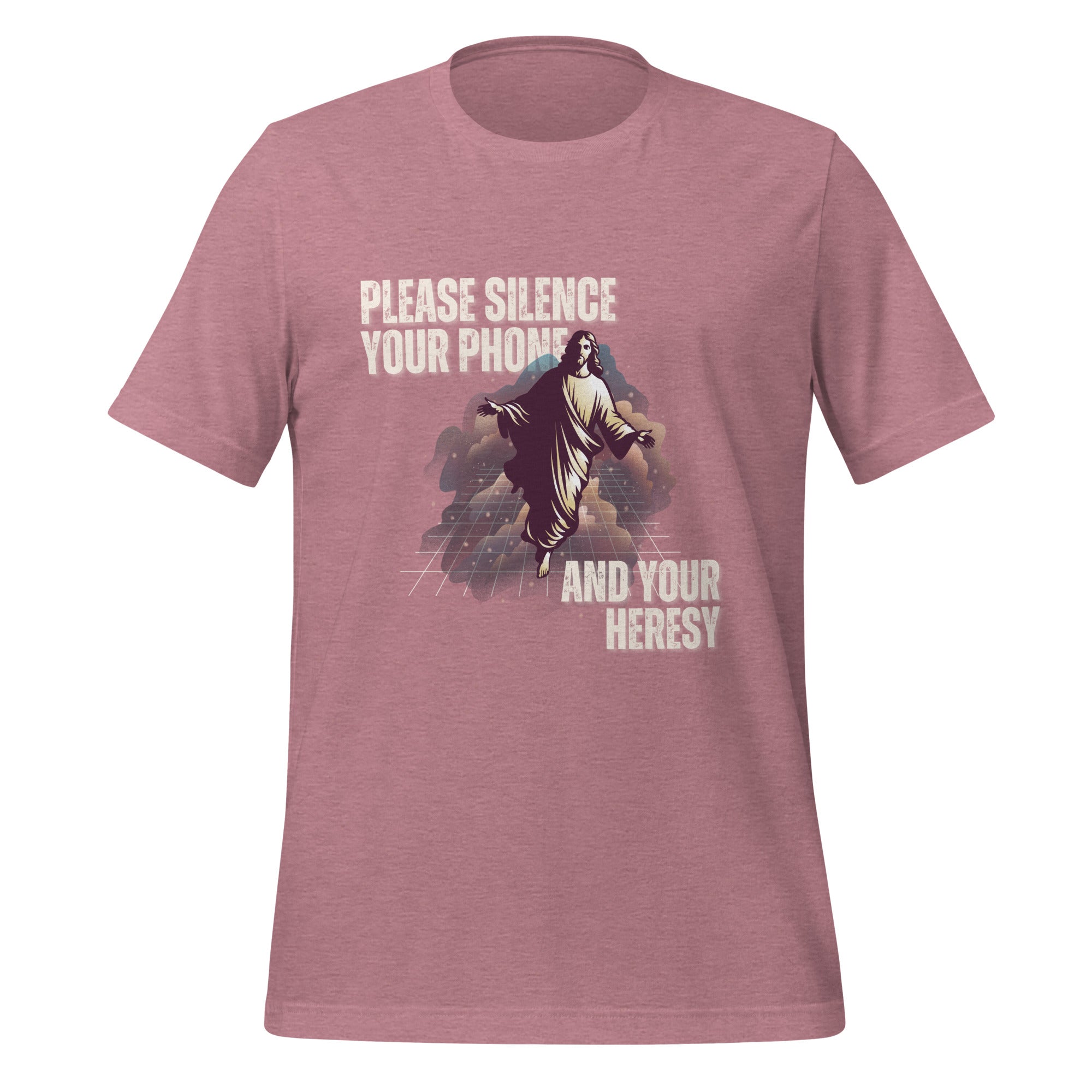 Please Silence Your Phone and Your Heresy t-shirt in heather orchid, retro synthwave Jesus on a neon grid, Christian apparel