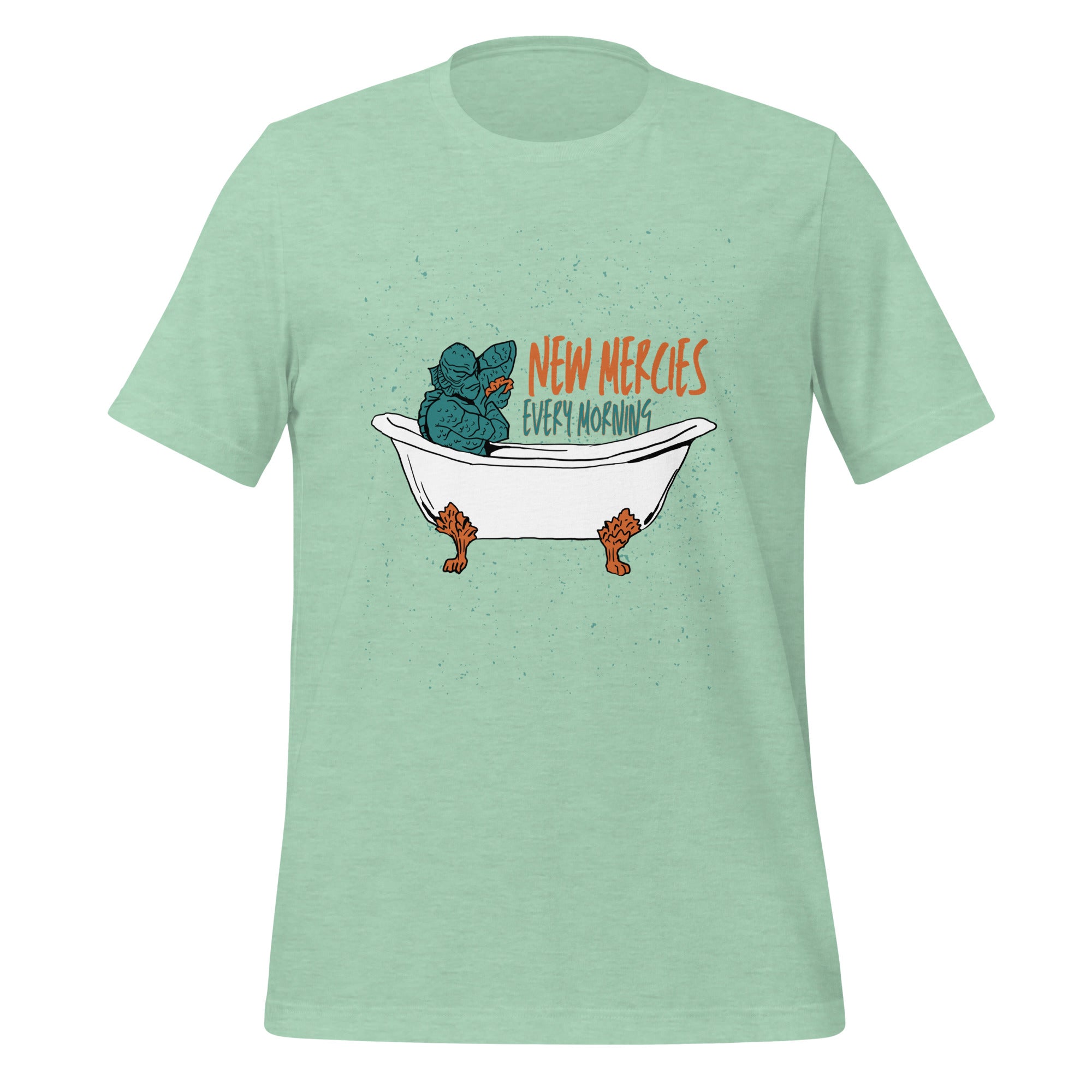 New Mercies Every Morning t-shirt in heather mint, vintage ink creature in a clawfoot bathtub, retro Christian apparel