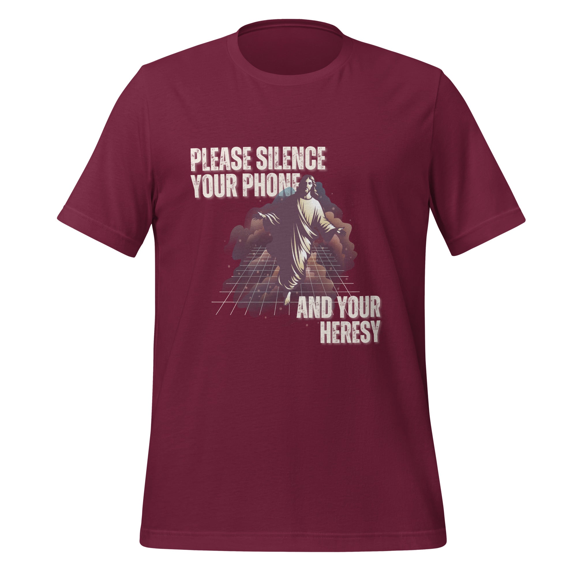 Please Silence Your Phone and Your Heresy t-shirt in maroon, retro synthwave Jesus on a neon grid, Christian apparel