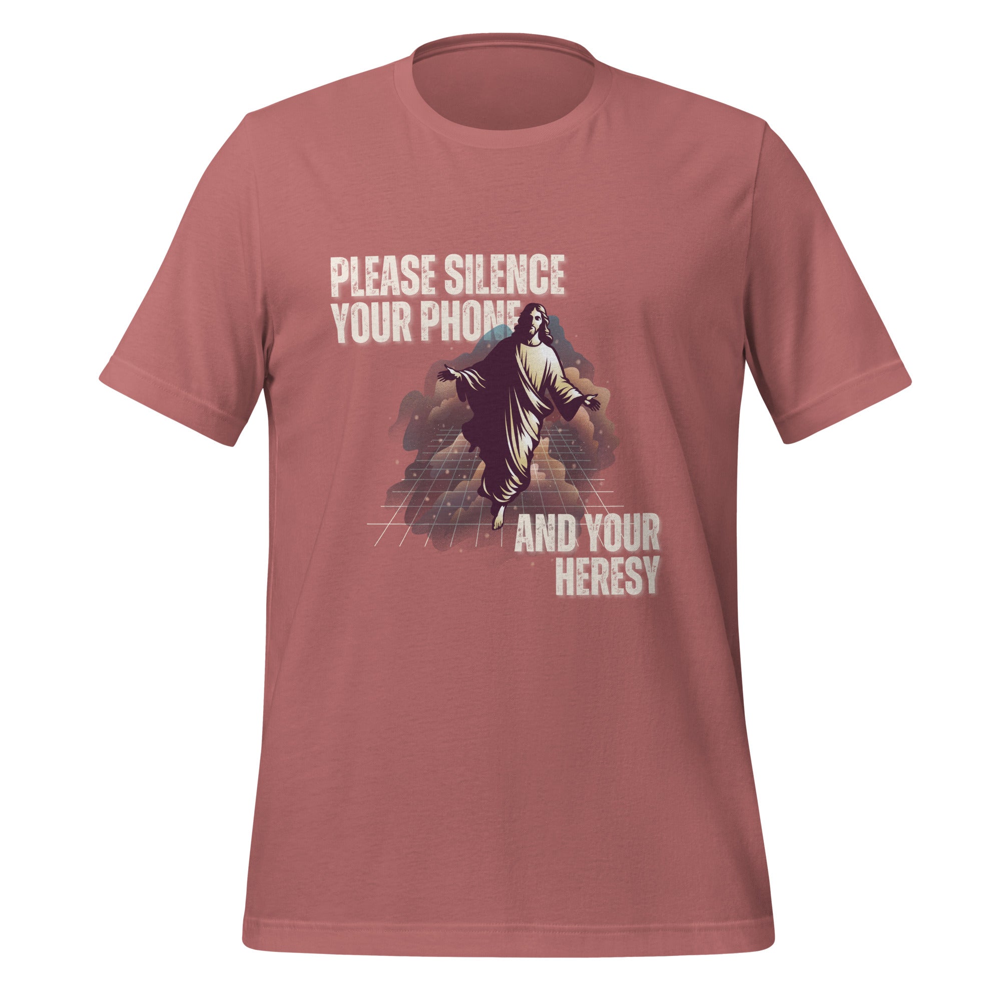 Please Silence Your Phone and Your Heresy t-shirt in mauve, retro synthwave Jesus on a neon grid, Christian apparel