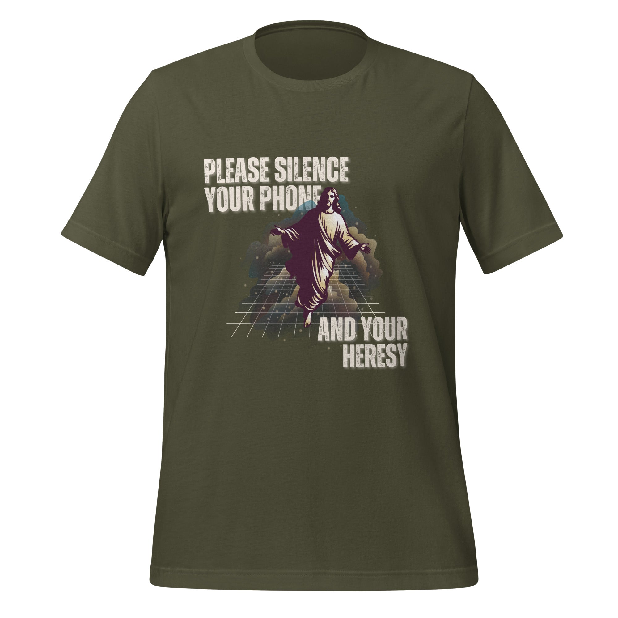 Please Silence Your Phone and Your Heresy t-shirt in military green, retro synthwave Jesus on a neon grid, Christian apparel