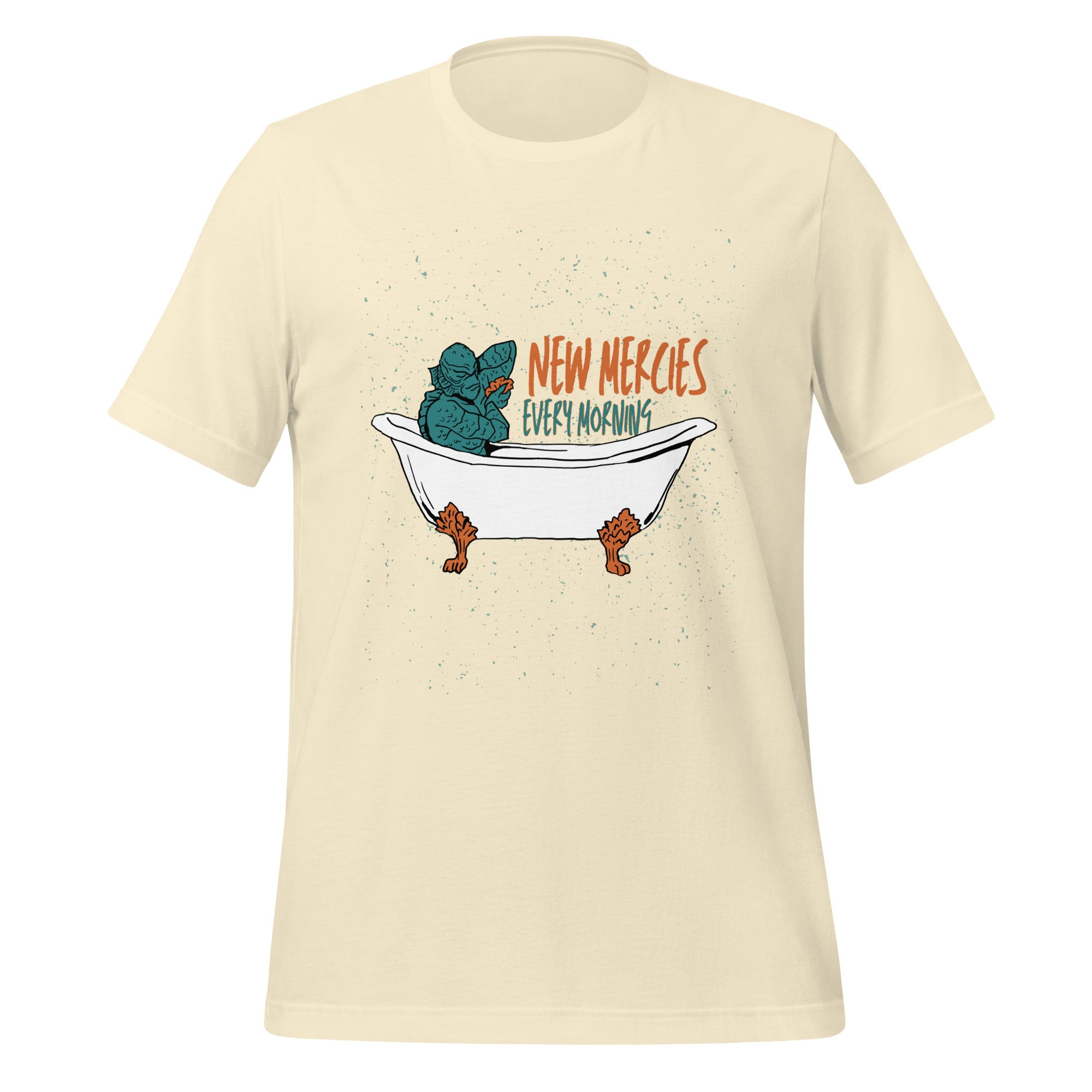 New Mercies Every Morning t-shirt in natural, vintage ink creature in a clawfoot bathtub, retro Christian apparel