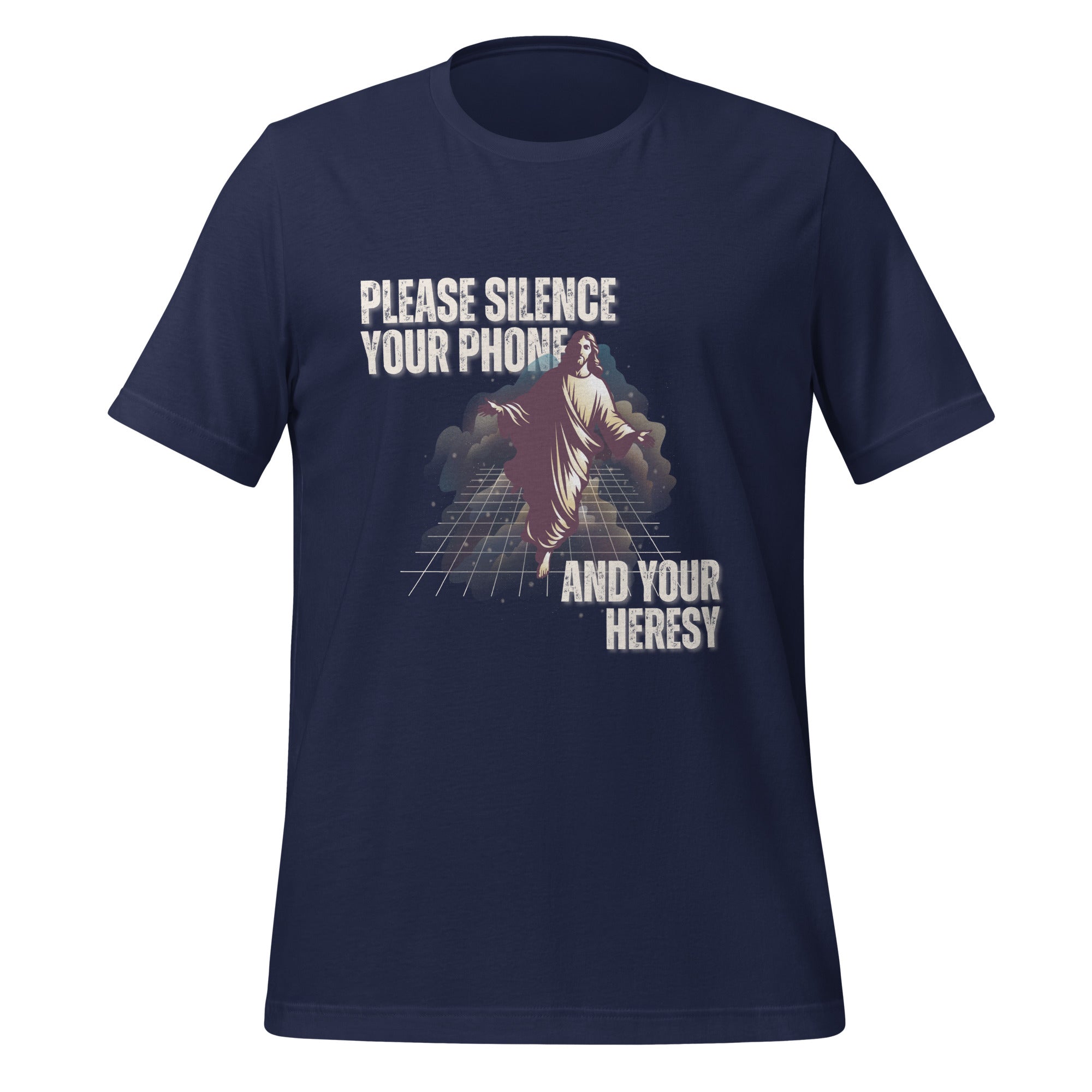 Please Silence Your Phone and Your Heresy t-shirt in navy, retro synthwave Jesus on a neon grid, Christian apparel