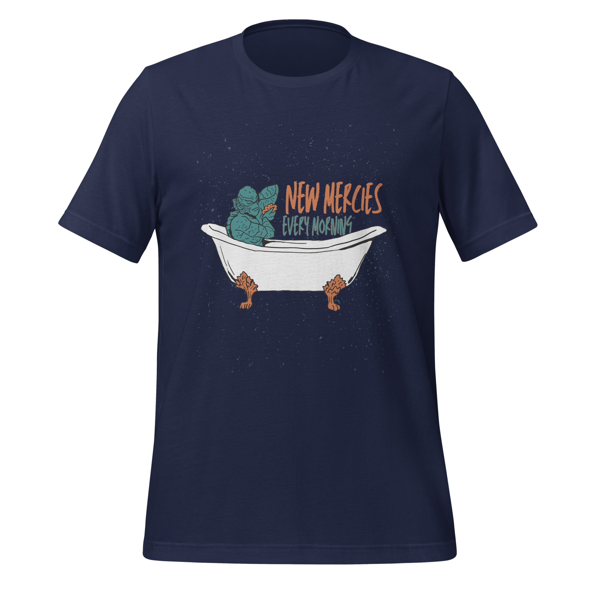 New Mercies Every Morning t-shirt in navy, vintage ink creature in a clawfoot bathtub, retro Christian apparel