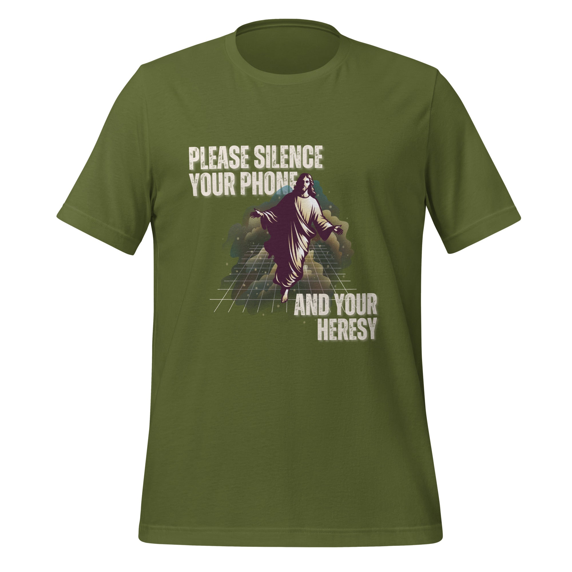 Please Silence Your Phone and Your Heresy t-shirt in olive, retro synthwave Jesus on a neon grid, Christian apparel