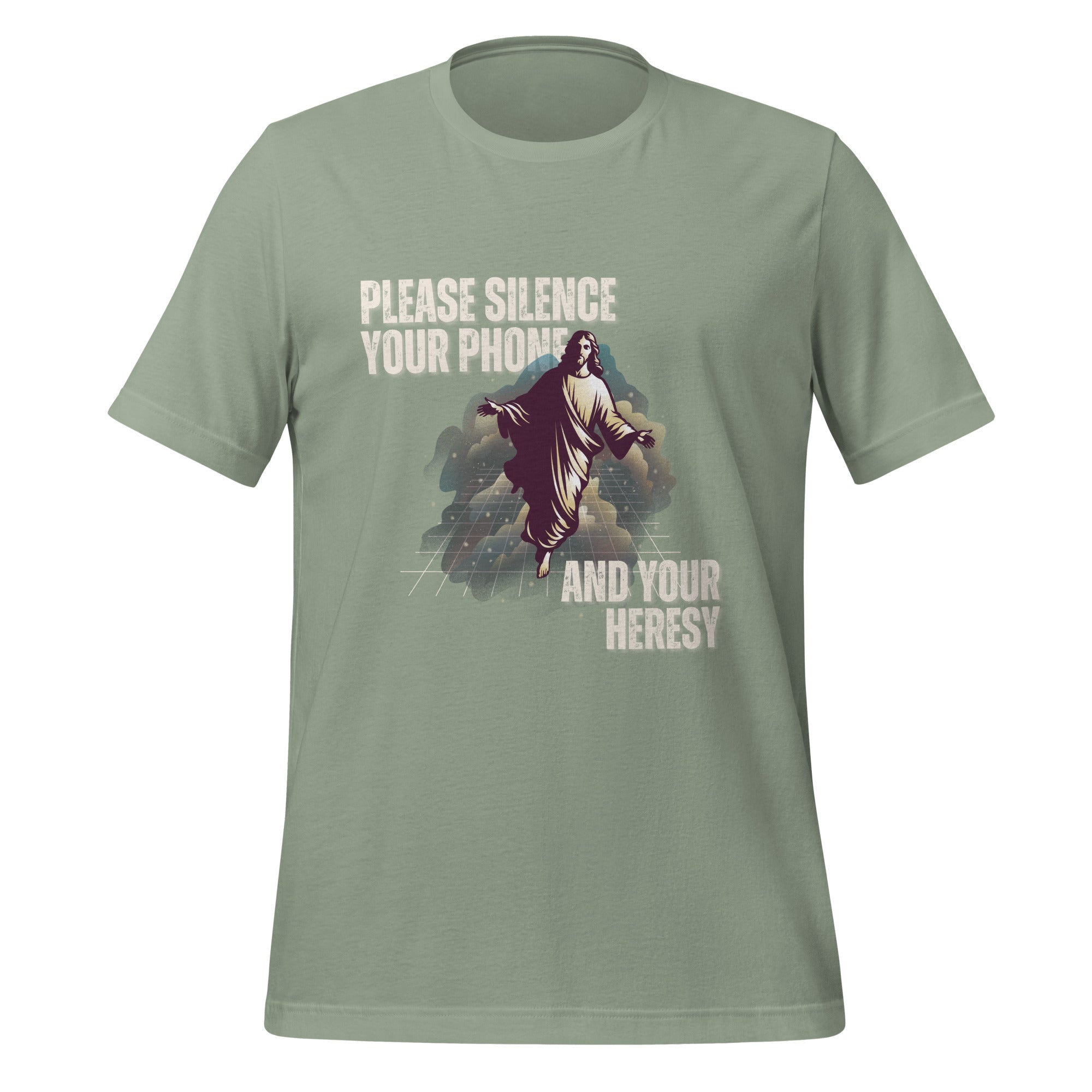 Please Silence Your Phone and Your Heresy t-shirt in sage, retro synthwave Jesus on a neon grid, Christian apparel