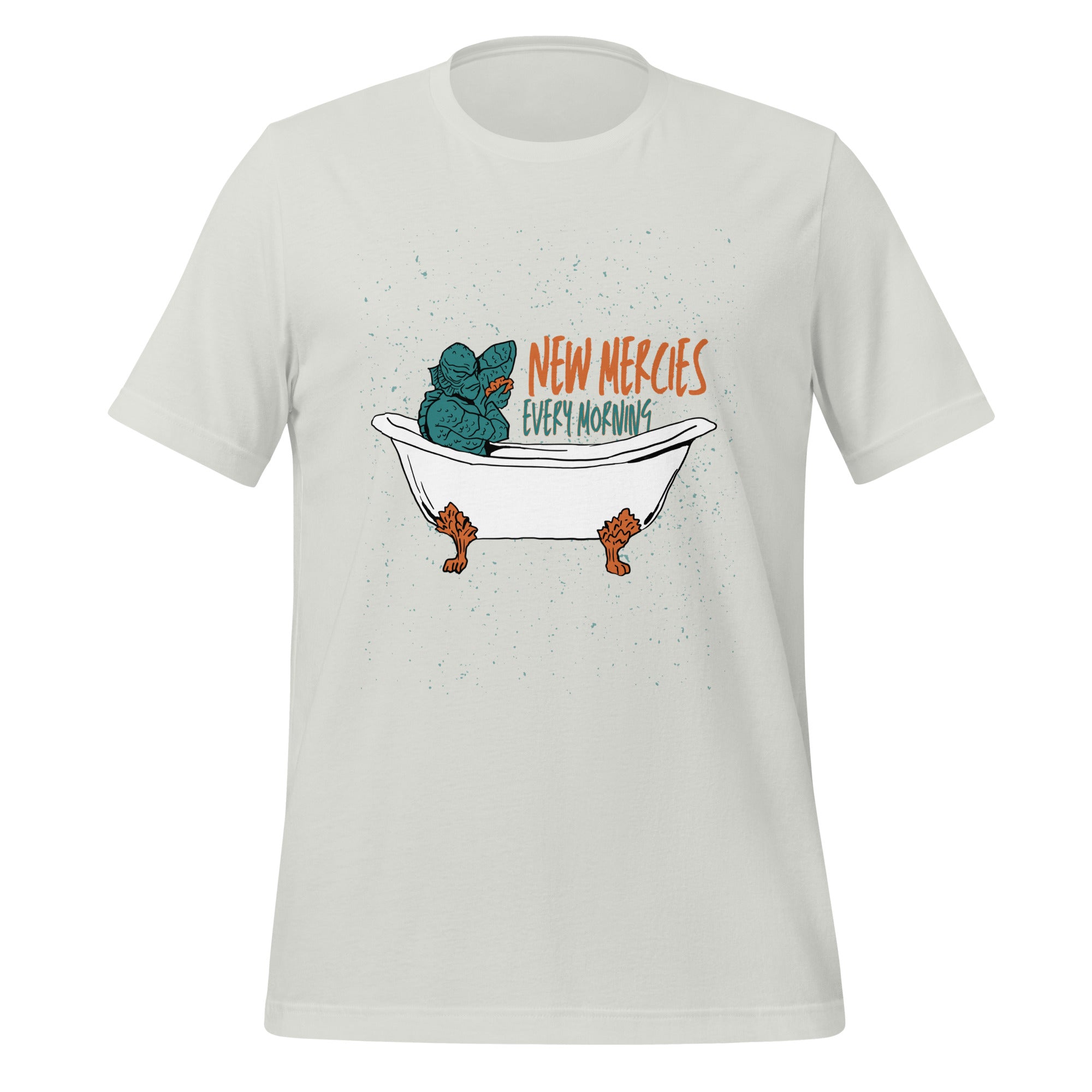 New Mercies Every Morning t-shirt in silver, vintage ink creature in a clawfoot bathtub, retro Christian apparel
