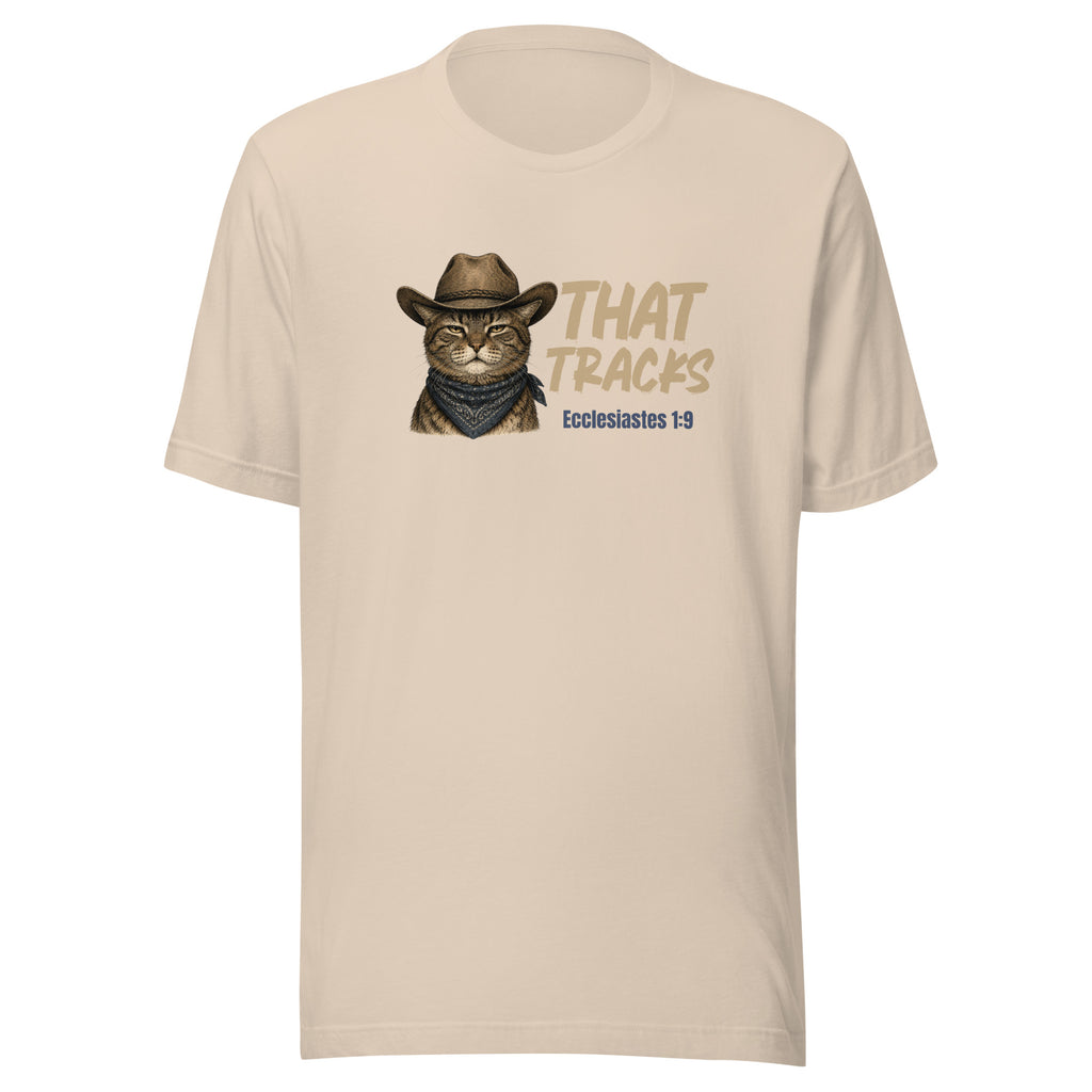 That Tracks t-shirt in soft cream, vintage ink deadpan cowboy cat and Ecclesiastes 1:9, retro Christian apparel