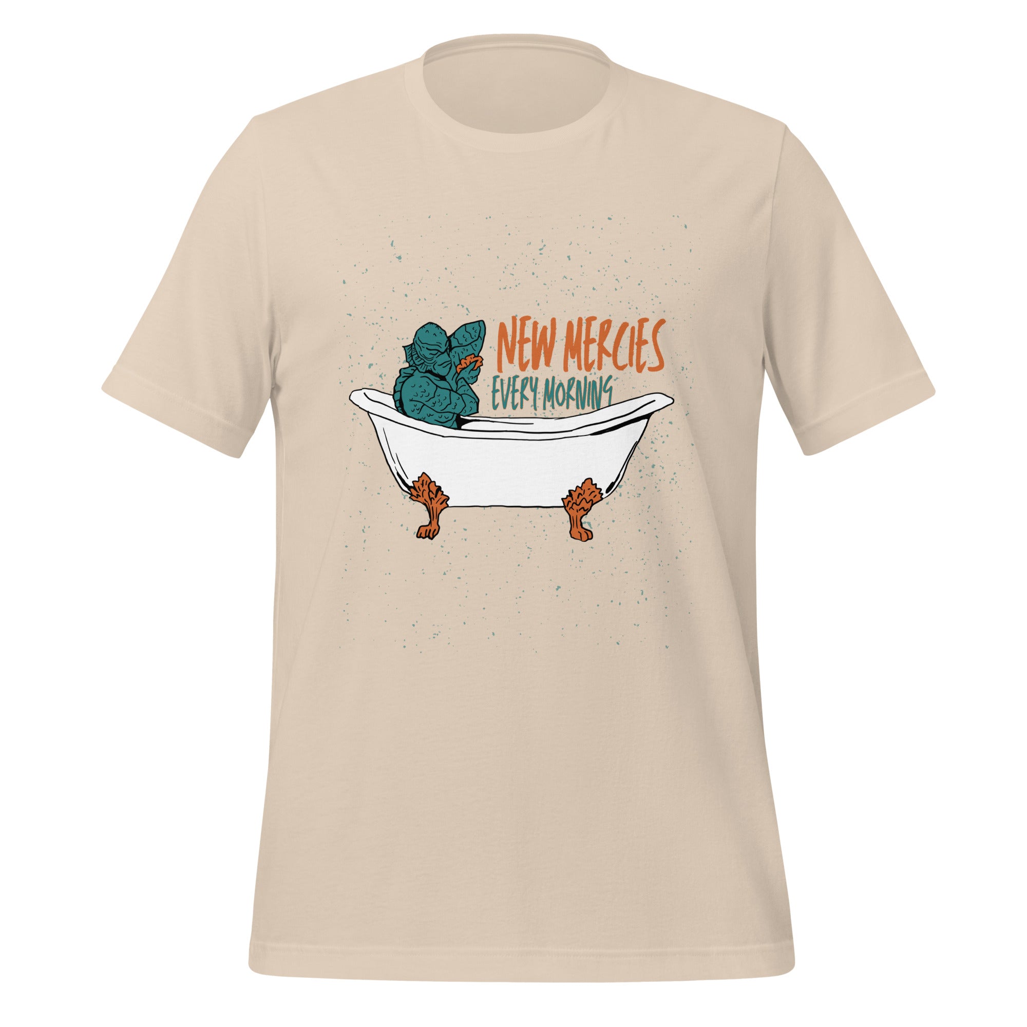 New Mercies Every Morning t-shirt in soft cream, vintage ink creature in a clawfoot bathtub, retro Christian apparel