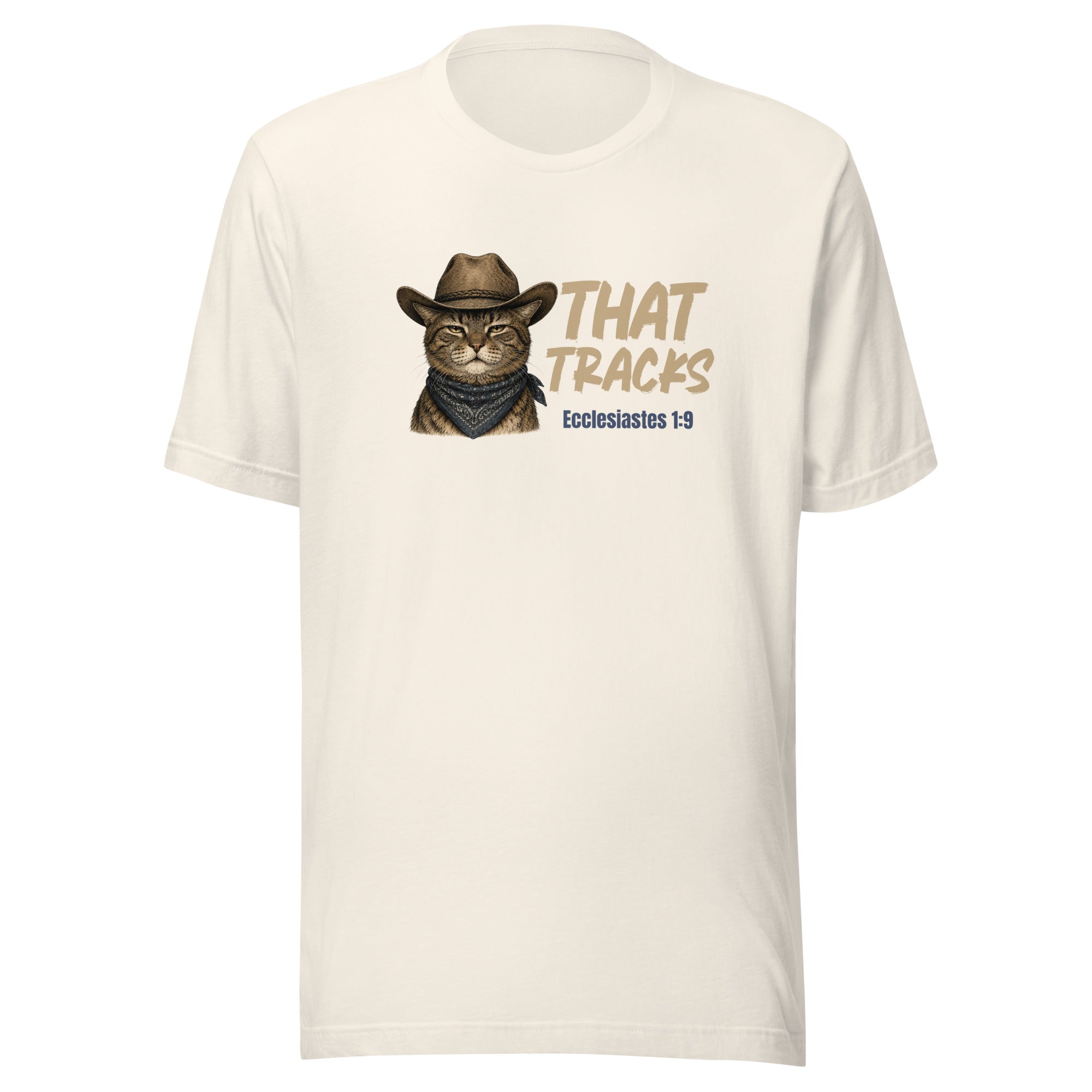 That Tracks t-shirt in vintage white, vintage ink deadpan cowboy cat and Ecclesiastes 1:9, retro Christian apparel