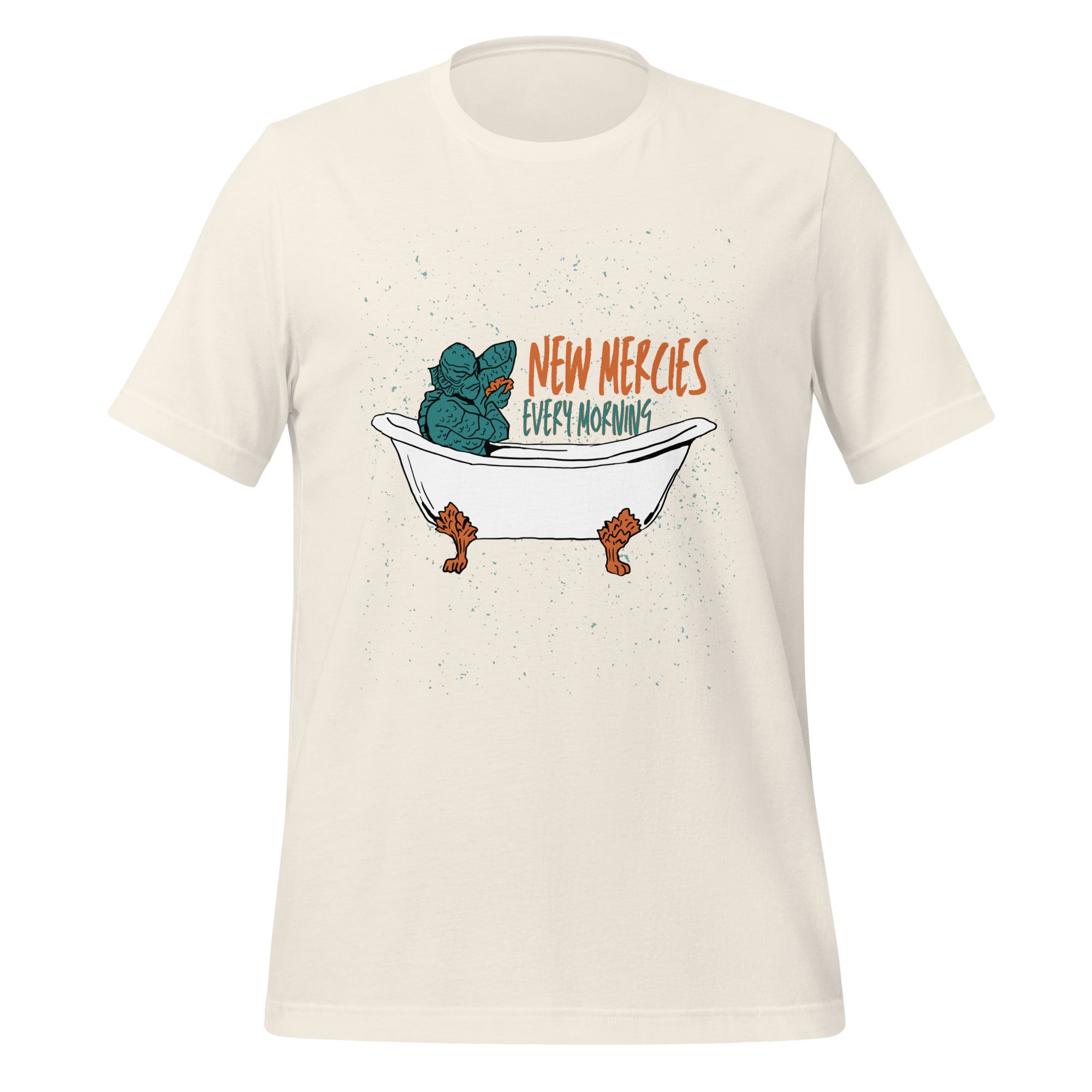New Mercies Every Morning t-shirt in vintage white, vintage ink creature in a clawfoot bathtub, retro Christian apparel