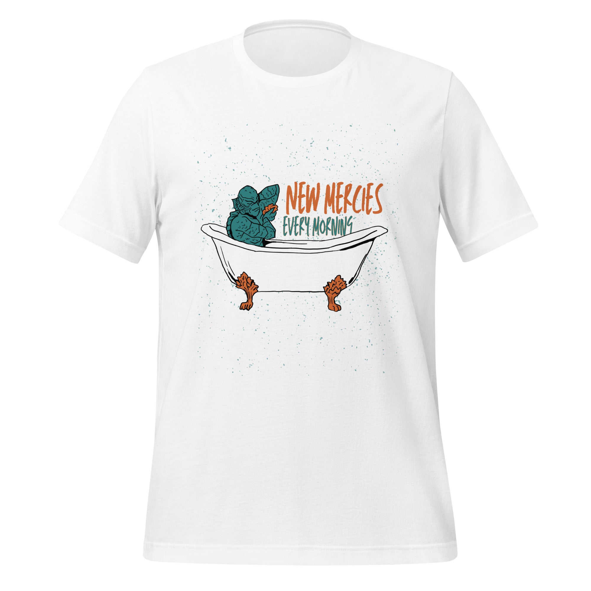 New Mercies Every Morning t-shirt in white, vintage ink creature in a clawfoot bathtub, retro Christian apparel